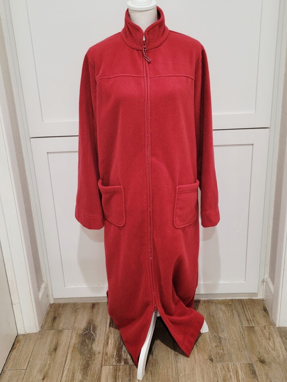 L.L. Bean Red Full-Length Fleece Robe with Front Zip & Pockets | Size Large
